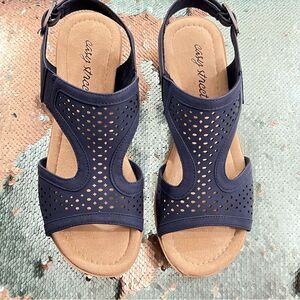 Easy Street Alba Navy slimback Comfort Low Wedge Sandals 31-8700 7W